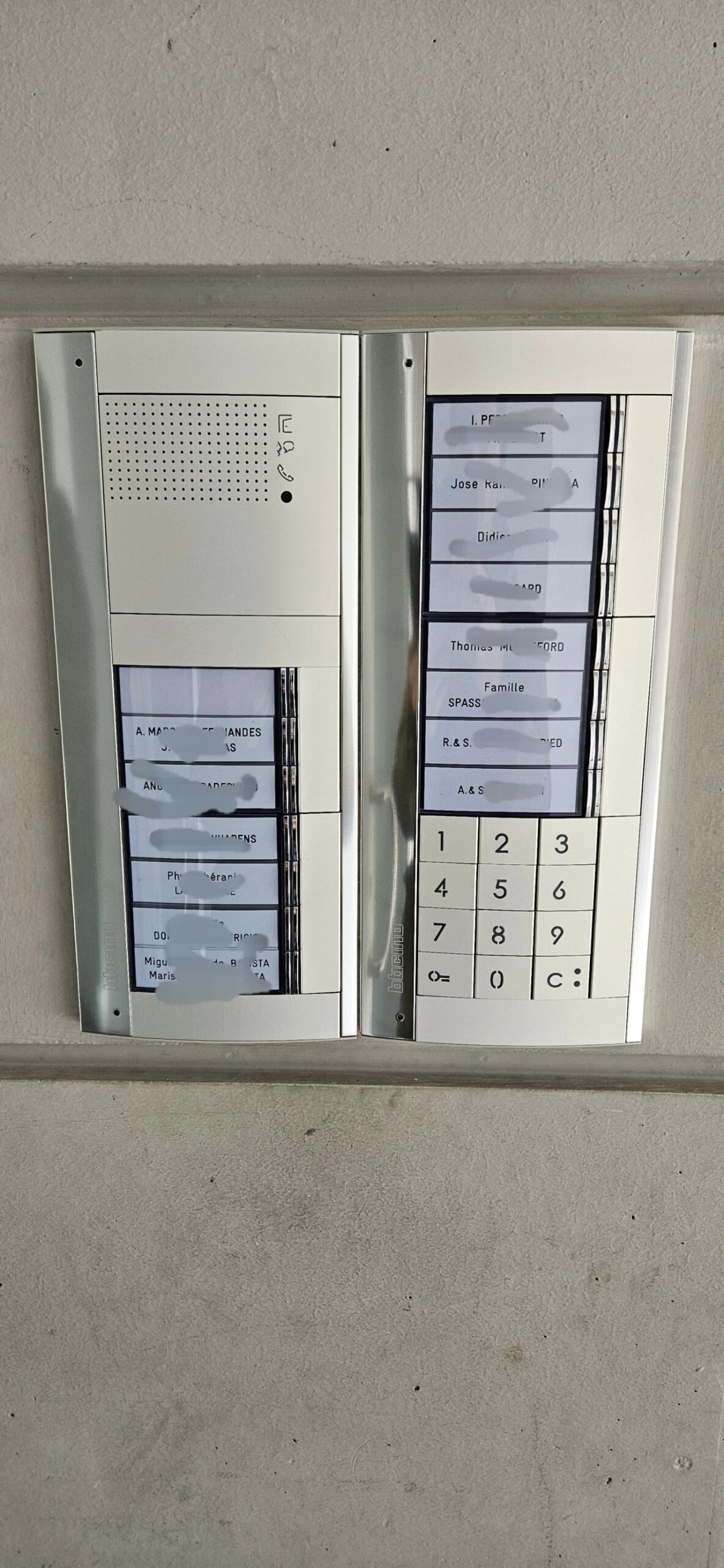 Photo d'une platine d'interphones Biticino que nous avons remplacée par une neuve